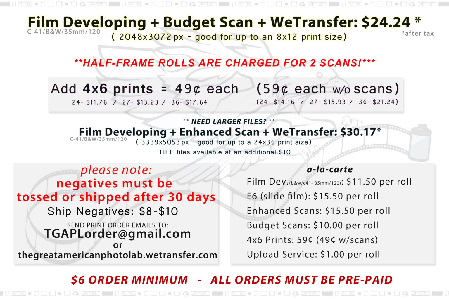 We offer film developing! Monday - Thursday 8am - 5pm walk in or mail in c-41, b&w, slide film, disposable cameras & more! Email Print Order to TGAPLorder@gmail.com or use thegreatamericanphotolab.wetransfer.com