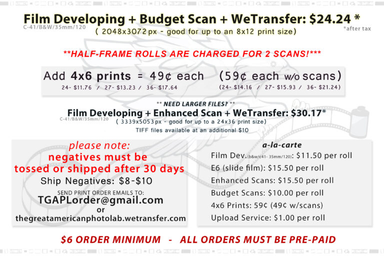 We offer film developing! Monday - Thursday 8am - 5pm walk in or mail in c-41, b&w, slide film, disposable cameras & more! Email Print Order to TGAPLorder@gmail.com or use thegreatamericanphotolab.wetransfer.com